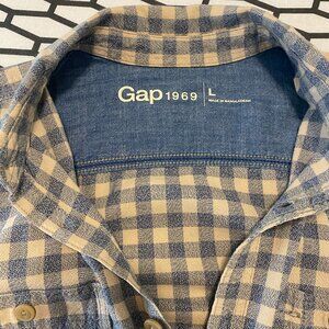 Gap 1969 Men's Plaid Flannel Shirt - Blue & Beige Check, Size Large (Neck 37/16)